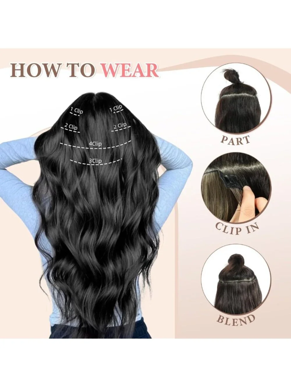 16 Inch Black Wavy Clip-In Hair Extensions - 6PCS Synthetic Hair for Volume